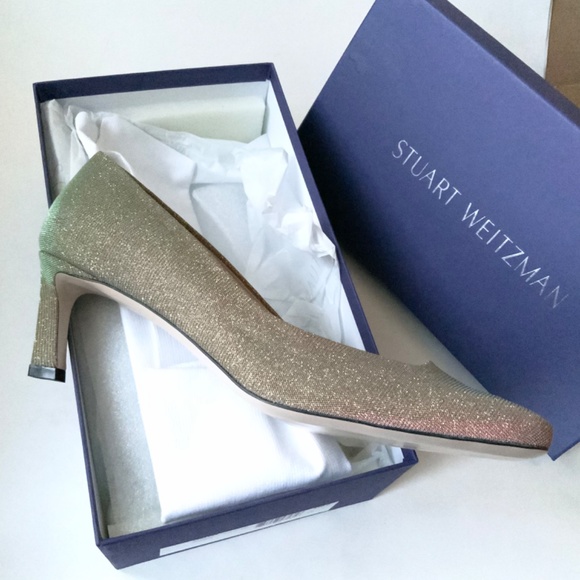 Stuart Weitzman Chelsea Gold Heel Pump Square Toe Dress Evening Fashion Shoe 9.5 - Picture 11 of 14